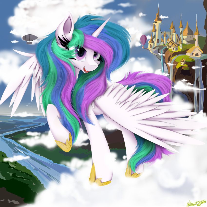 absurd_res alicorn cloud equid equine female friendship_is_magic happy hasbro hi_res horn mammal my_little_pony mythological_creature mythological_equine mythology open_mouth pink_eyes princess_celestia_(mlp) ser-p solo water wings