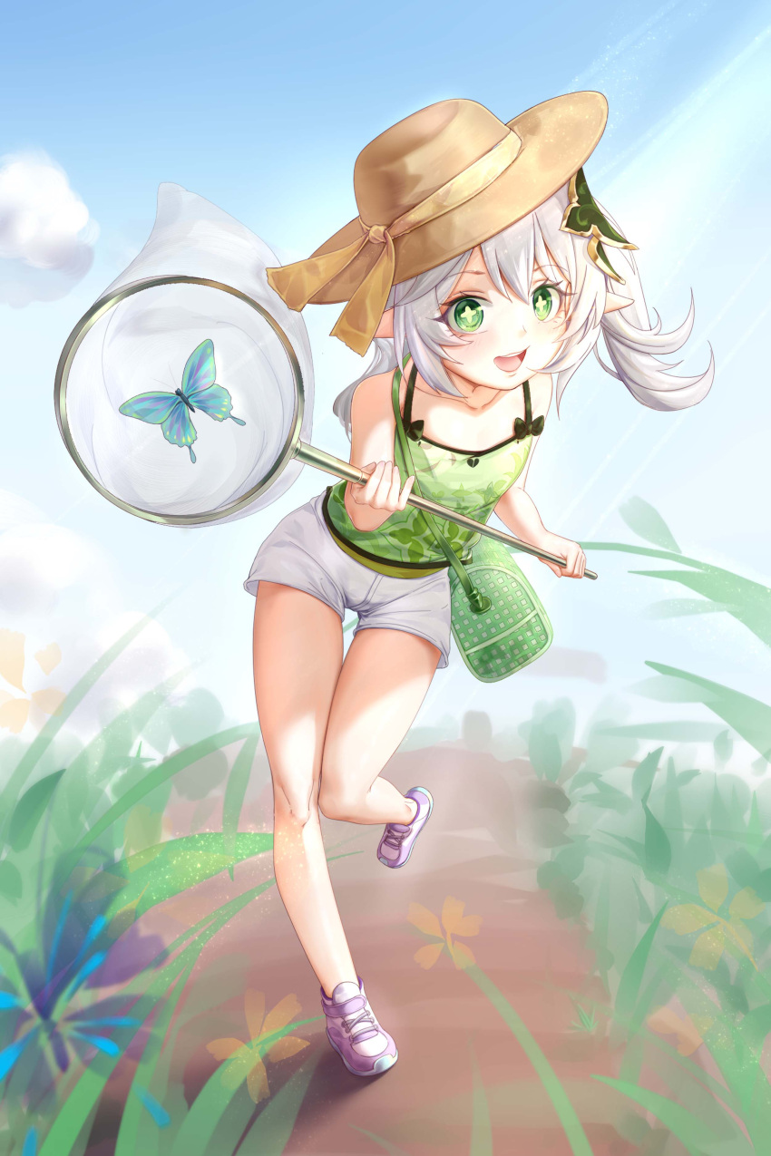 :d absurdres alternate_costume bag bare_shoulders blue_butterfly bug butterfly butterfly_net commentary_request day female flat_chest foot_up full_body genshin_impact green_bag green_eyes green_shirt hair_between_eyes hand_net highres holding holding_butterfly_net leaning_forward light_blush long_hair looking_at_viewer nahida_(genshin_impact) open_mouth outdoors pink_footwear pointy_ears pou_bao shirt short_shorts shorts shoulder_bag side_ponytail sleeveless sleeveless_shirt smile solo star_(symbol) teeth thigh_gap upper_teeth_only white_hair white_shorts