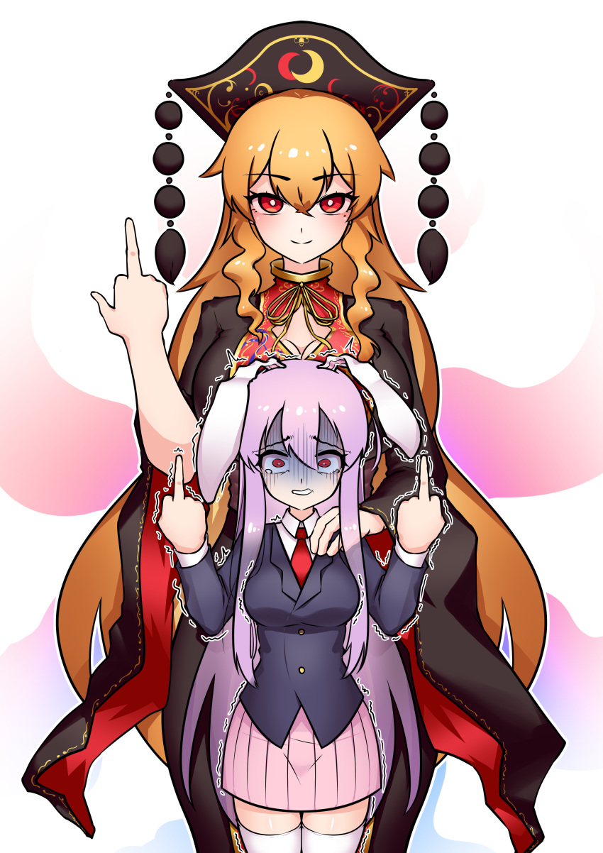 2girls absurdres animal_ears black_dress black_hat black_jacket breasts buttons chinese_clothes cleavage cleavage_cutout closed_mouth clothing_cutout collared_shirt crescent crescent_print dalachi_(headdress) dress drill_hair drill_sidelocks energy hair_between_eyes hand_on_another's_shoulder hand_up hands_up hat highres jacket junko_(touhou) lapels large_breasts long_hair long_sleeves mandarin_collar medium_breasts middle_finger multiple_girls neck_ribbon necktie orange_hair pink_skirt pleated_skirt pom_pom_(clothes) purple_hair rabbit_ears rabbit_girl red_eyes red_necktie red_tabard reisen_udongein_inaba ribbon scared shirt shriohalfarm sidelocks simple_background skirt smile standing tabard tassel tearing_up teeth thighhighs touhou trembling white_background white_shirt white_thighhighs wide_sleeves yellow_ribbon