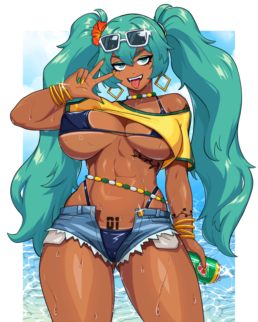 abs absurdres alternate_breast_size arm_tattoo ass_visible_through_thighs bead_choker bikini bikini_tan bikini_under_clothes black_bikini bracelet brazilian_miku breasts cameltoe can chest_tattoo covered_nipples cowboy_shot crop_top cutoffs dark-skinned_female dark_skin denim denim_shorts drink_can earrings exposed_pocket eyeshadow eyewear_on_head f.b.w fangs female fingernails flower gold_bracelet gold_earrings green_eyes green_eyeshadow green_hair green_nails guarana_antarctica hair_flower hair_ornament hatsune_miku hibiscus highleg highleg_bikini highres holding holding_can jewelry large_breasts long_fingernails long_hair makeup micro_bikini multicolored_nails multiple_bracelets naughty_face navel ocean one_breast_out pubic_tattoo queen_of_spades_symbol rectangular_earrings shirt short_shorts shorts soda_can solo standing sunglasses sweat swimsuit tan tanline_peek tanlines tattoo teeth thick_thighs thighs tongue tongue_out twintails underboob v_over_eye variant_set very_sweaty vocaloid water white-framed_eyewear yellow_nails yellow_shirt