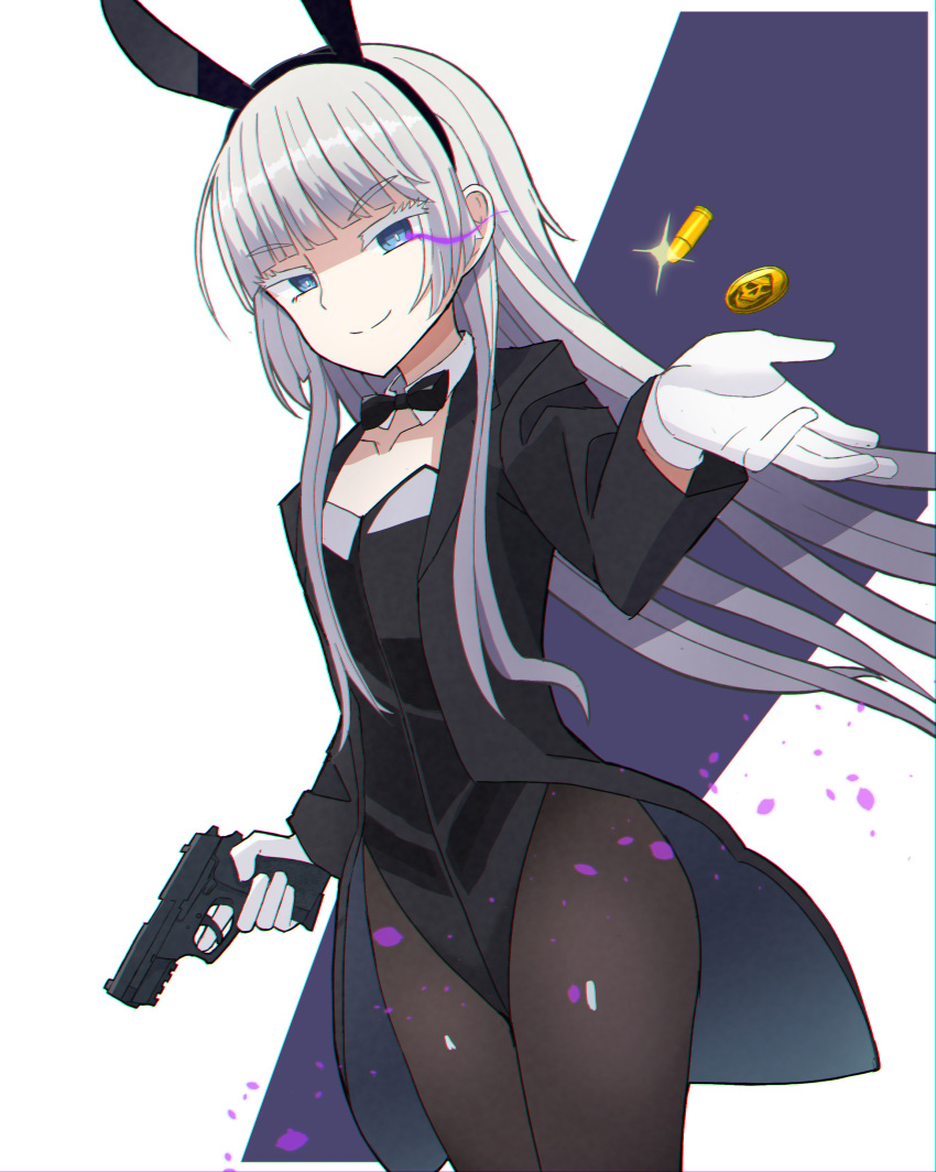 absurdres animal_ears black_bow black_bowtie black_jacket black_leotard black_pantyhose blue_eyes bow bowtie coin commentary_request cowboy_shot detached_collar female gloves grey_hair gun handgun highres jacket jormungand_(manga) koko_hekmatyar leotard long_hair pantyhose playboy_bunny rabbit_ears shimetsu_zankyou sig_pro sig_sauer smile solo tuxedo_jacket two-tone_background weapon white_gloves