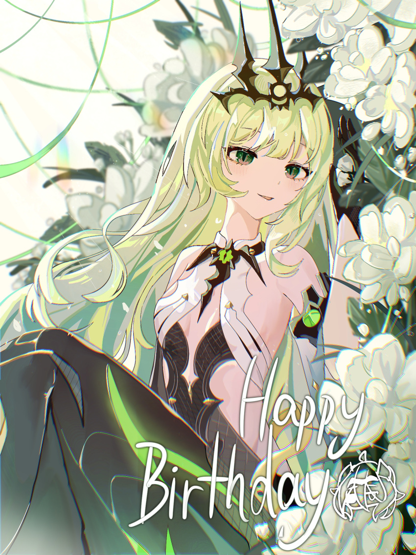 bare_shoulders black_dress black_tiara breasts cleavage_cutout clothing_cutout crossed_legs dress female flower green_hair happy_birthday highres honkai_(series) honkai_impact_3rd klein_(honkai_impact) lying mobius_(honkai_impact) parted_lips side_cutout slit_pupils small_breasts solo tiara user_xyyd2722 white_flower