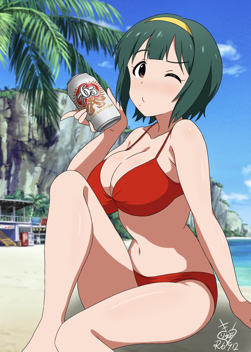 absurdres alcohol beach beer_can bikini blue_sky breasts brown_eyes can cliff cloud dated day drink_can female green_hair hairband highres idolmaster idolmaster_(classic) kirie_dou large_breasts looking_at_viewer mole mole_under_mouth one_eye_closed otonashi_kotori outdoors palm_tree red_bikini short_hair signature sky solo swimsuit tree variant_set yellow_hairband