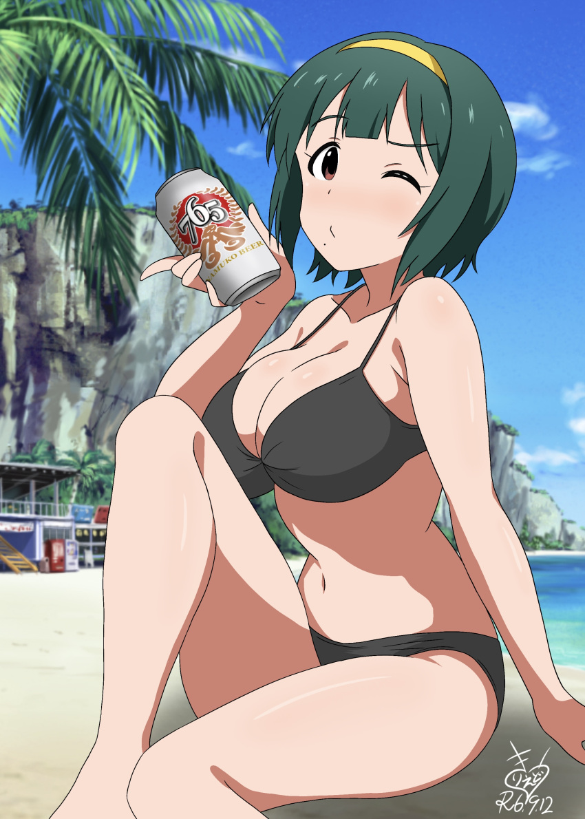 absurdres alcohol beach beer_can bikini black_bikini blue_sky breasts brown_eyes can cliff cloud dated day drink_can female green_hair hairband highres idolmaster idolmaster_(classic) kirie_dou large_breasts looking_at_viewer mole mole_under_mouth one_eye_closed otonashi_kotori outdoors palm_tree short_hair signature sky solo swimsuit tree variant_set yellow_hairband