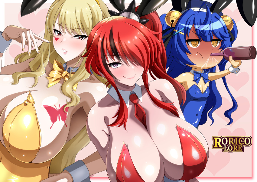 3girls @_@ absurdres ahoge alternate_costume amamiya_kokoro black_hair blonde_hair blue_leotard blush bottle breast_tattoo breasts butterfly_tattoo cleavage collar detached_collar facial_mark hair_over_one_eye heart heart_facial_mark highres holding holding_bottle huge_breasts lain_paterson large_breasts leotard looking_at_viewer luis_cammy multicolored_hair multiple_girls necktie nijisanji playboy_bunny ponytail rainkeru red_hair red_leotard red_necktie small_breasts smile strapless strapless_leotard streaked_hair tattoo virtual_youtuber white_collar white_wrist_cuffs wrist_cuffs yellow_eyes yellow_leotard