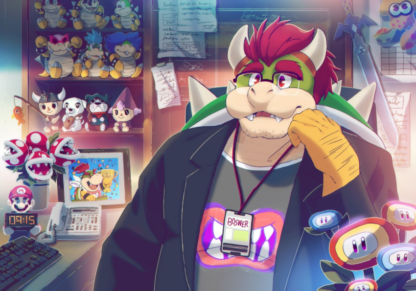 2019 amazing_background animal_crossing anthro bowser bowser_jr. clock clothed clothing detailed detailed_background digital_media_(artwork) elemental_creature eyewear flora_fauna fully_clothed glasses hair horn jaokuma koopa male mario_bros name_tag nintendo photo piranha_plant plant plushie red_hair scalie solo spikes splatoon suit