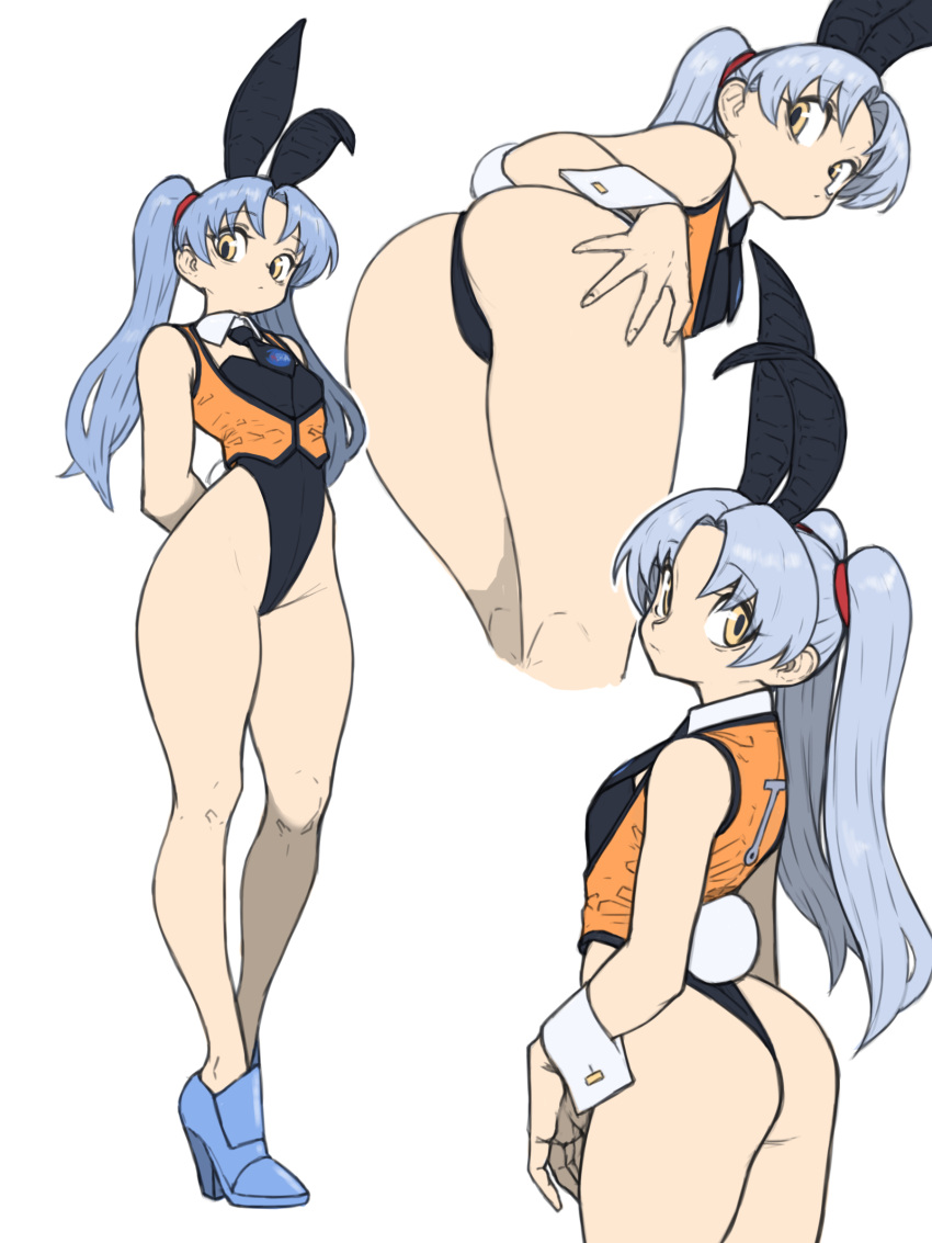 absurdres adapted_costume animal_ears arms_behind_back ass bare_legs bent_over blue_footwear blue_hair expressionless fake_animal_ears fake_tail female full_body high_heels highres hoshino_ruri kidou_senkan_nadesico leotard long_hair multiple_views orange_vest playboy_bunny rabbit_ears rabbit_tail shoes standing tail thong thong_leotard toshinoshin twintails vest white_background wrist_cuffs yellow_eyes