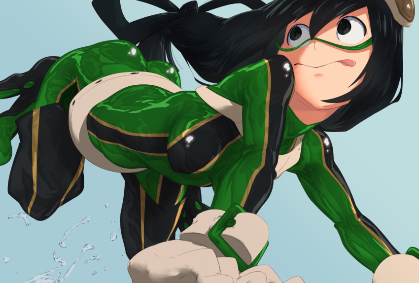 :> aonori_misuji asui_tsuyu black_hair blue_background bodysuit boku_no_hero_academia boots bow-shaped_hair breasts commentary female frog_girl gloves goggles goggles_on_head green_bodysuit high_heel_boots high_heels long_hair skin_tight solo splashing superhero_costume thigh_boots tongue tongue_out water white_gloves