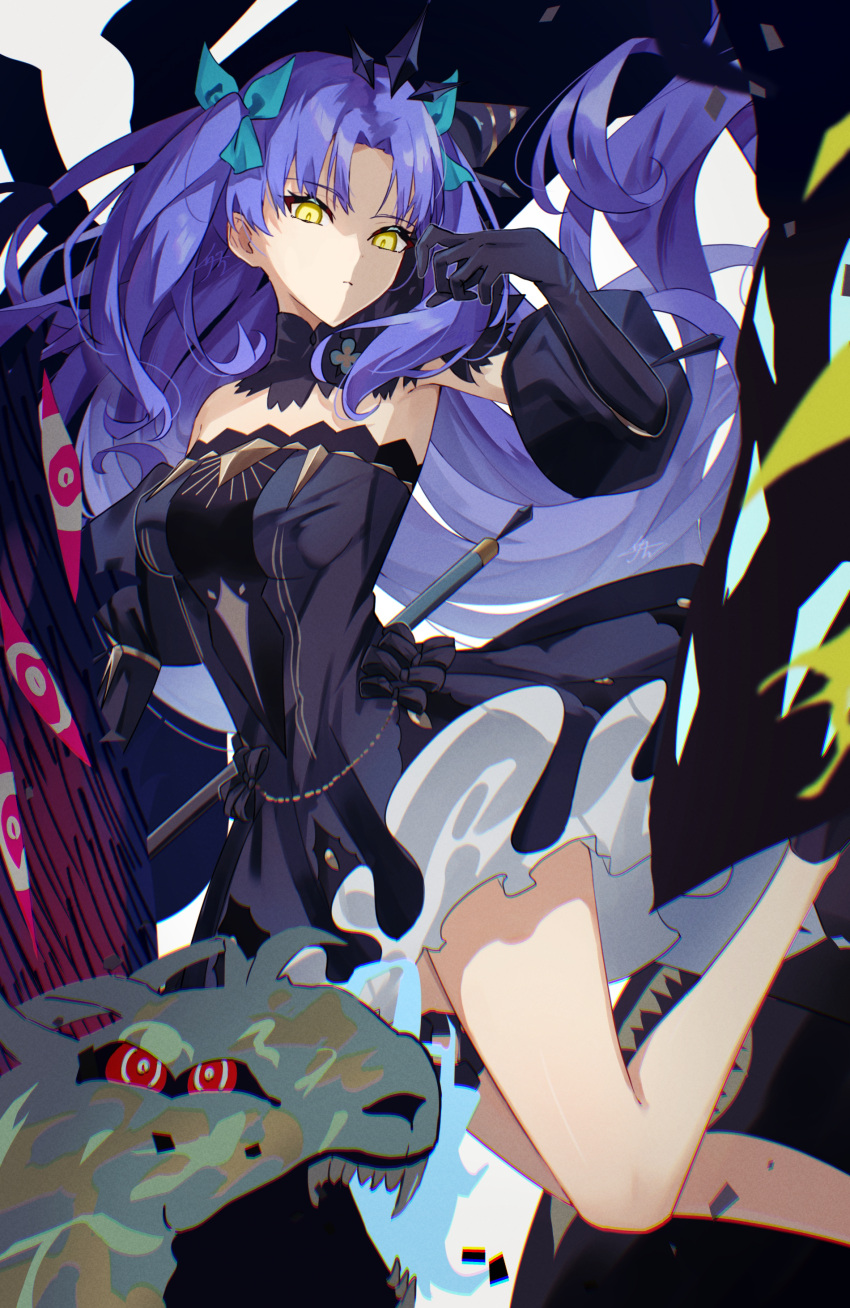 absurdres bare_shoulders black_dress black_gloves blue_hair bow breasts detached_collar dress elbow_gloves ereshkigal_(fate) fate/grand_order fate_(series) female gloves glowing glowing_eyes hair_ornament hairbow highres izanaware_game long_hair looking_at_viewer medium_breasts monster parted_bangs solo_focus space_ereshkigal_(fate) space_ereshkigal_(second_ascension)_(fate) thighs two_side_up yellow_eyes