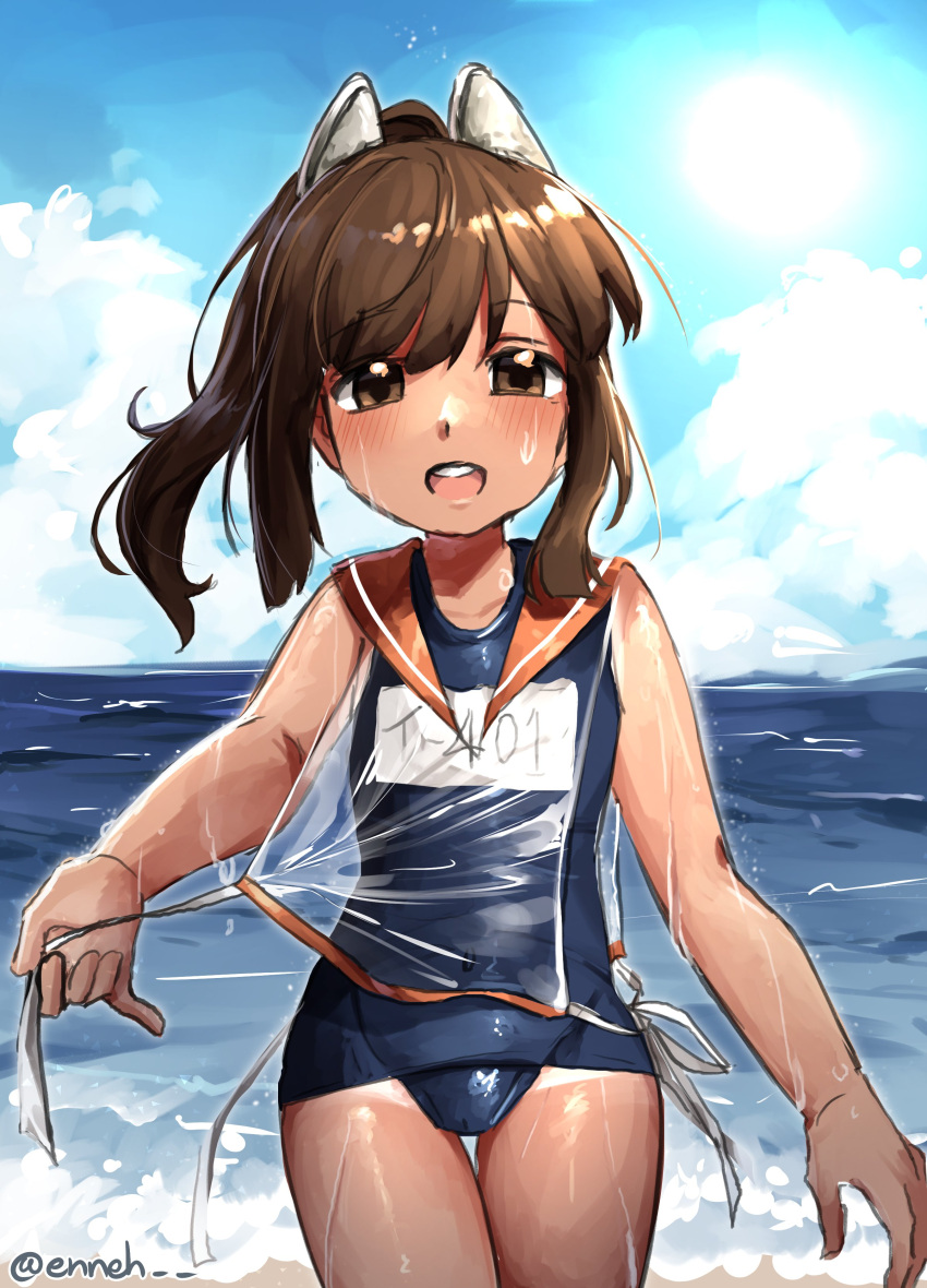 absurdres blue_one-piece_swimsuit blue_sky breasts brown_eyes brown_hair cloud cowboy_shot day enneh female highres i-401_(kancolle) kantai_collection looking_at_viewer medium_breasts name_tag old_school_swimsuit one-hour_drawing_challenge one-piece_swimsuit open_mouth orange_sailor_collar outdoors ponytail round_teeth sailor_collar school_swimsuit see-through_clothes see-through_shirt shirt sidelocks sky solo swimsuit swimsuit_under_clothes tan tanlines teeth thigh_gap upper_teeth_only