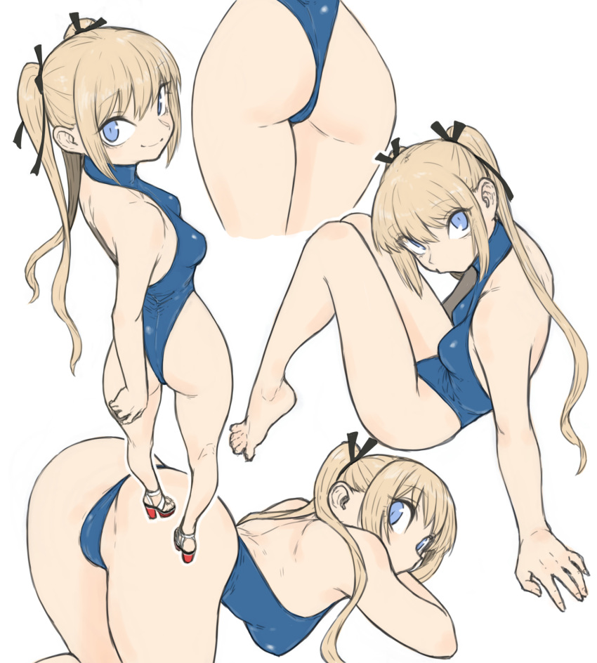 ass barefoot blonde_hair blue_eyes blue_leotard breasts dead_or_alive dead_or_alive_5 female full_body high_heels highleg highleg_leotard highres leotard long_hair looking_at_viewer marie_rose multiple_views sitting small_breasts smile top-down_bottom-up toshinoshin