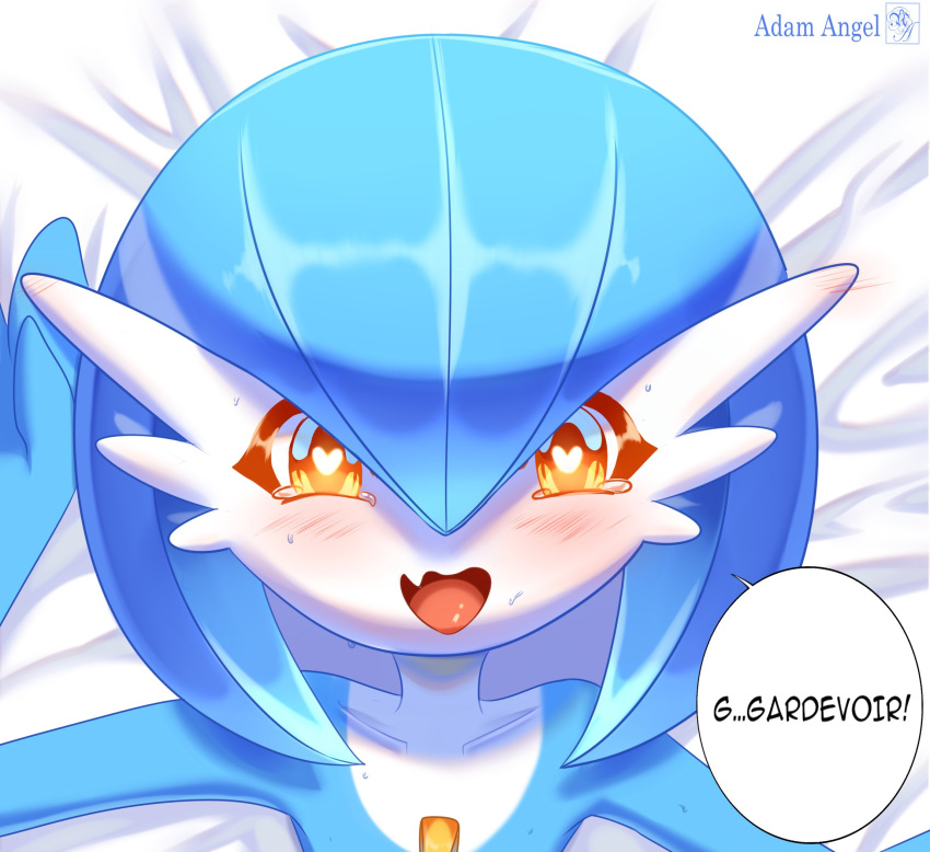 adam_angel ahe_gao alternate_color bed blue_hair blue_skin blush bob_cut colored_skin commission gardevoir highres looking_at_viewer lying multicolored_skin on_back on_bed open_mouth orange_eyes pokemon pokemon_(creature) shiny_pokemon speech_bubble two-tone_skin white_skin