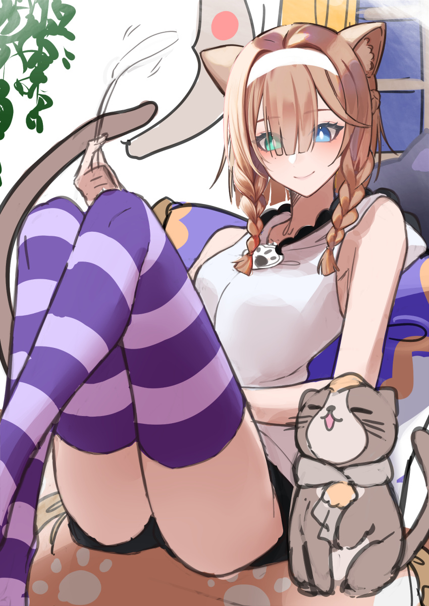 animal animal_ear_fluff animal_ears bare_shoulders black_shorts braid breasts brown_hair can_(honkai_impact) cat_ears cat_girl cat_tail cat_teaser commentary_request curtains eyes_visible_through_hair feet_out_of_frame feline female hair_over_one_eye highres holding honkai_(series) honkai_impact_3rd hood hood_down indoors knees_up pardofelis shirt short_shorts shorts side_braids sitting sleeveless sleeveless_shirt small_breasts striped_clothes striped_thighhighs tail thighhighs twin_braids white_shirt window yunomi_(yunomi_hs)