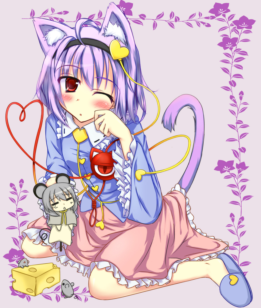 2girls animal_ears cat_ears cheese colorized commentary_request eyeball food grey_hair hairband heart heart_of_string highres hiiragi_mitsuna kemonomimi_mode komeiji_satori mouse_(animal) mouse_ears mouse_tail multiple_girls nazrin purple_hair red_eyes short_hair tail third_eye touhou yuuma_(noel)