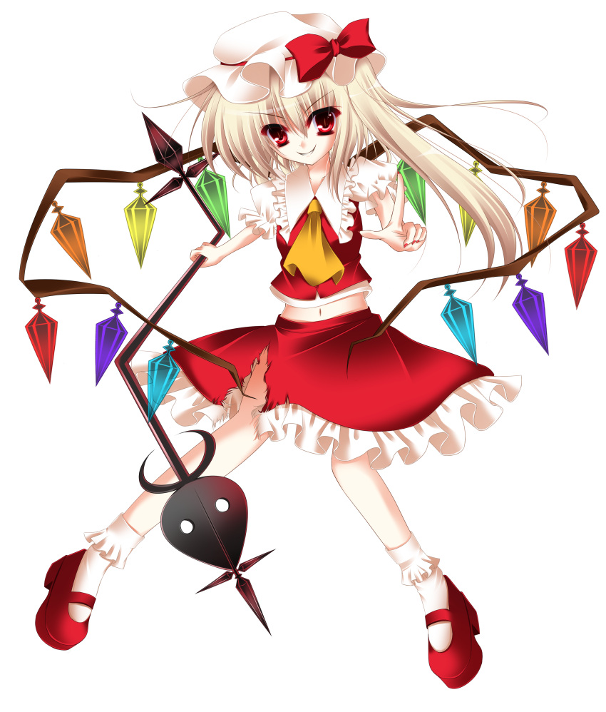 absurdres bad_id bad_pixiv_id blonde_hair female flandre_scarlet full_body hat highres laevatein_(touhou) long_hair midriff navel rokudou_itsuki side_ponytail smile solo torn_clothes touhou transparent_background wings