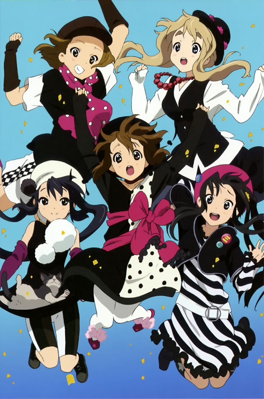 5girls akiyama_mio animal argyle arm_warmers badge belt beret black_hair blonde_hair blue_eyes bow bowler_hat brown_eyes brown_hair button_badge cabbie_hat confetti feline happy hat highres hirasawa_yui jewelry k-on! kotobuki_tsumugi long_hair multiple_girls nakano_azusa nakano_emiko necklace official_art open_mouth pantyhose photoshop_(medium) polka_dot scan short_hair smile striped tainaka_ritsu twintails vest white_pantyhose