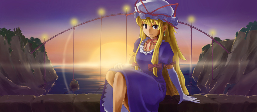 absurdres bad_id bad_pixiv_id blonde_hair bridge buncha_to_imon choker cliff earrings elbow_gloves female gimp_(medium) gloves hat highres jewelry lamppost long_hair looking_at_viewer ocean purple_eyes ribbon_choker sitting smile solo sun sunset touhou yakumo_yukari