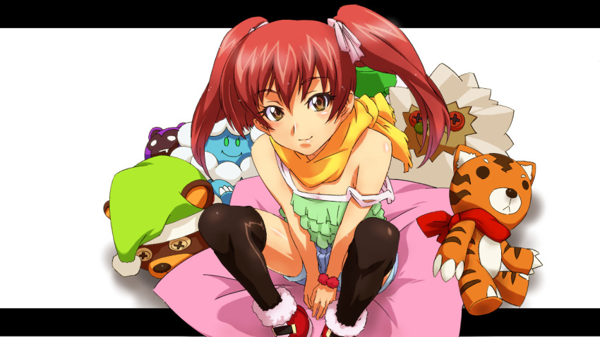 camisole female haruka_shiya long_hair mahou_sensei_negima! narutaki_fuuka red_hair sitting solo strap_slip stuffed_animal stuffed_toy thighhighs