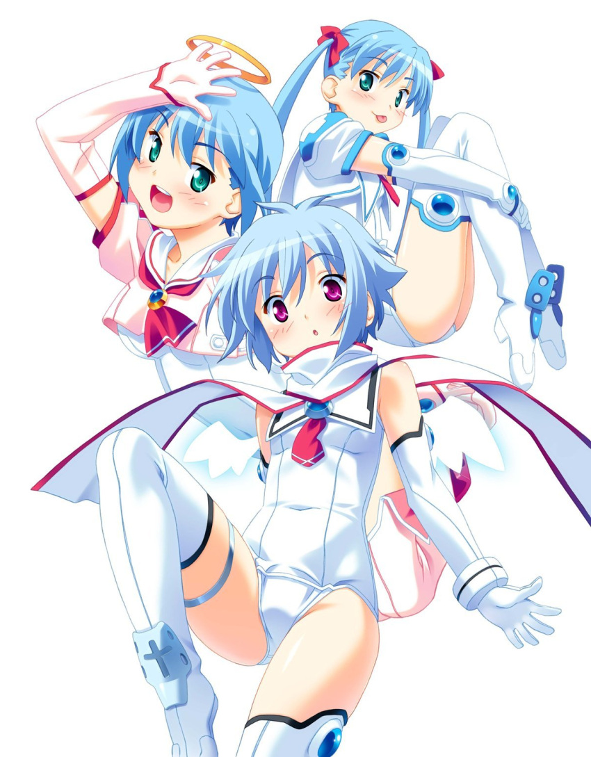 3girls :d :o :p androgynous angel arm_up blue_hair blush boots breasts brooch crop_top djibril_(makai_tenshi_djibril) djibril_aries djibril_zero elbow_gloves embarrassed flat_chest gloves glowing green_eyes hair_ribbon halo highres hugging_own_legs jewelry jinno_hikari jinno_nagi kuuchuu_yousai leg_up long_hair magical_girl makai_tenshi_djibril makai_tenshi_djibril_3 manabe_rika medium_breasts multiple_girls necktie one-piece_swimsuit open_mouth purple_eyes ribbon scarf school_swimsuit school_uniform serafuku short_hair simple_background small_breasts smile surprised swimsuit swimsuit_costume swimsuit_under_clothes thigh_boots thigh_strap thighhighs thighs tongue tongue_out twintails very_long_hair white_one-piece_swimsuit white_thighhighs wings