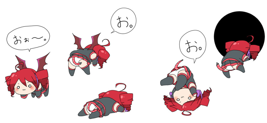 :3 ahoge bat_wings chibi commentary_request drill_hair falling female kasane_teto o_o panties photoshop_(medium) red_hair rike_(pixiv) sequential simple_background twin_drills twintails underwear utau v-shaped_eyebrows wings