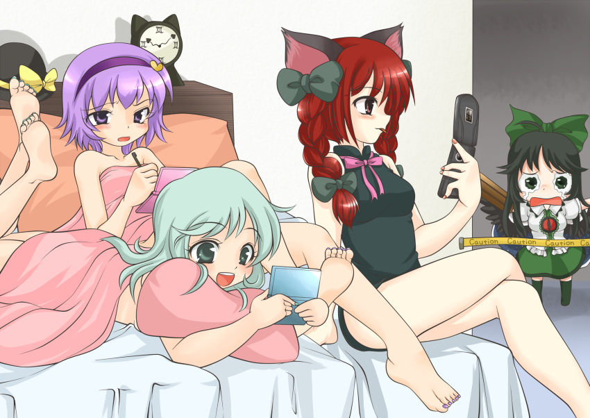 4girls alternate_costume animal_ears bare_legs barefoot bed bed_sheet black_hair blanket blue_hair bow braid cat_ears caution_tape cellphone commentary_request contemporary crossed_legs feet green_bow green_nails hairband hairbow handheld_game_console highres kaenbyou_rin komeiji_koishi komeiji_satori kotomi_(happy_colors) legs multiple_girls nail_polish naked_sheet nintendo_ds nude phone pillow pink_nails playing_games purple_eyes purple_hair purple_nails red_eyes reiuji_utsuho sitting tears touhou twin_braids