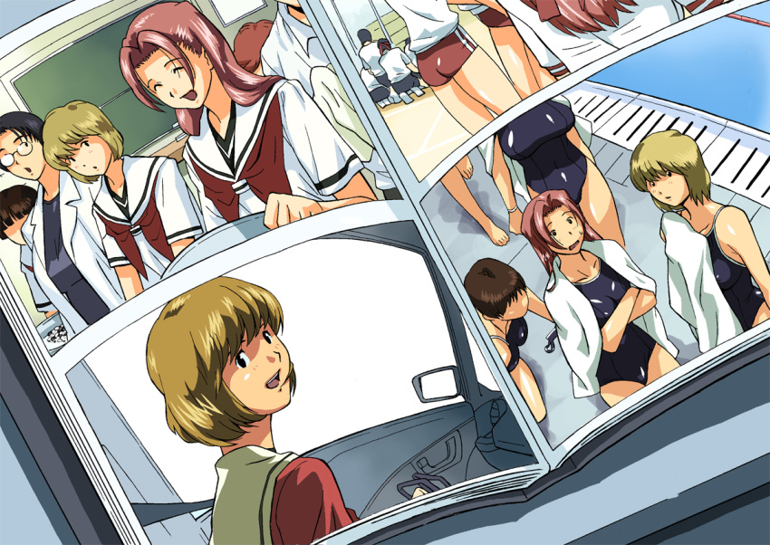 ^_^ ass black_hair blonde_hair brown_hair buruma car car_interior chalkboard cirima classroom closed_eyes drain_(object) fujisaki_akari glasses gym_uniform happy hikaru_no_go lane_line laughing long_hair looking_back motor_vehicle multiple_girls nase_asumi one-piece_swimsuit photo_(object) photoshop_(medium) pink_hair pool poolside pov school_swimsuit school_uniform serafuku short_hair smile swimsuit tamako-sensei teacher towel towel_around_neck water