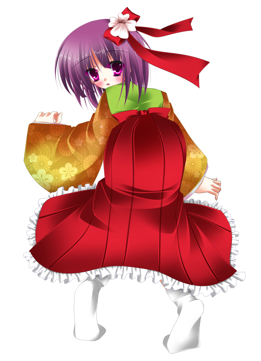 ass bad_id bad_pixiv_id bow female flower full_body hairbow hieda_no_akyuu highres japanese_clothes looking_back purple_eyes purple_hair rokudou_itsuki socks solo top-down_bottom-up touhou transparent_background