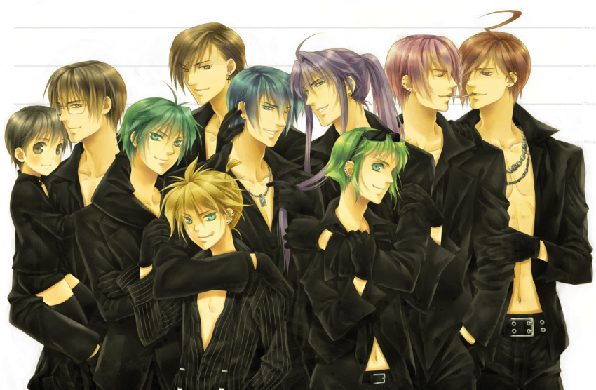 6+boys ahoge bad_id bad_pixiv_id cigarette cigarette_kiss earrings everyone formal genderswap_(ftm) glasses gumiya hatsune_mikuo hiyama_kiyoteru jewelry kaai_yuki kagamine_len kaito_(vocaloid) kamui_gakupo male_focus megurine_luki meito mikiya multiple_boys rule_63 shorts smile smoking suit sunglasses thighhighs vocaloid yuuno_(yukioka)