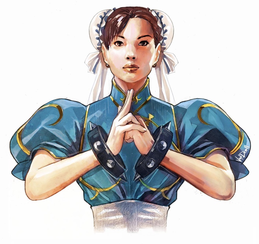 bracelet brown_eyes brown_hair bun_cover china_dress chinese_clothes chun-li daniel_oduber dress female highres jewelry lips photoshop_(medium) realistic sash short_hair solo spiked_bracelet spikes street_fighter