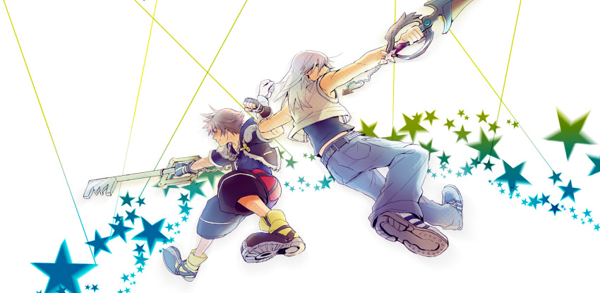 2boys artistic_error bad_id bad_pixiv_id blue_eyes brown_hair gloves jewelry keyblade kingdom_hearts kingdom_hearts_ii kingdom_key male_focus multiple_boys necklace oomorimori riku_(kingdom_hearts) smile sora_(kingdom_hearts) spoilers star_(symbol) way_to_the_dawn white_hair