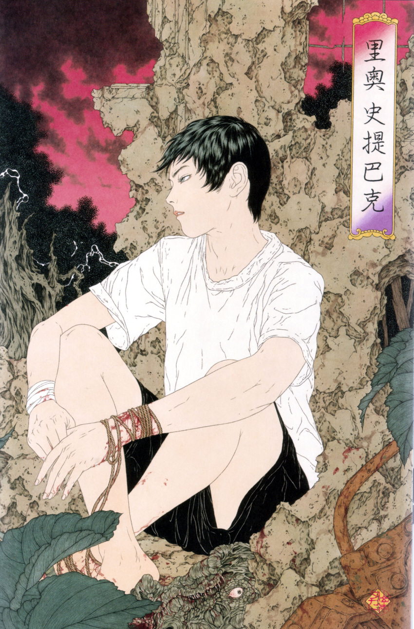 1boy absurdres bandages barefoot black_hair blood fine_art_parody green_eyes highres horror_(theme) injury leo_stenbuck male_focus nihonga outdoors parody photoshop_(medium) rope shirt sky solo t-shirt translation_request tree ukiyo-e yamamoto_takato zone_of_the_enders zone_of_the_enders_2