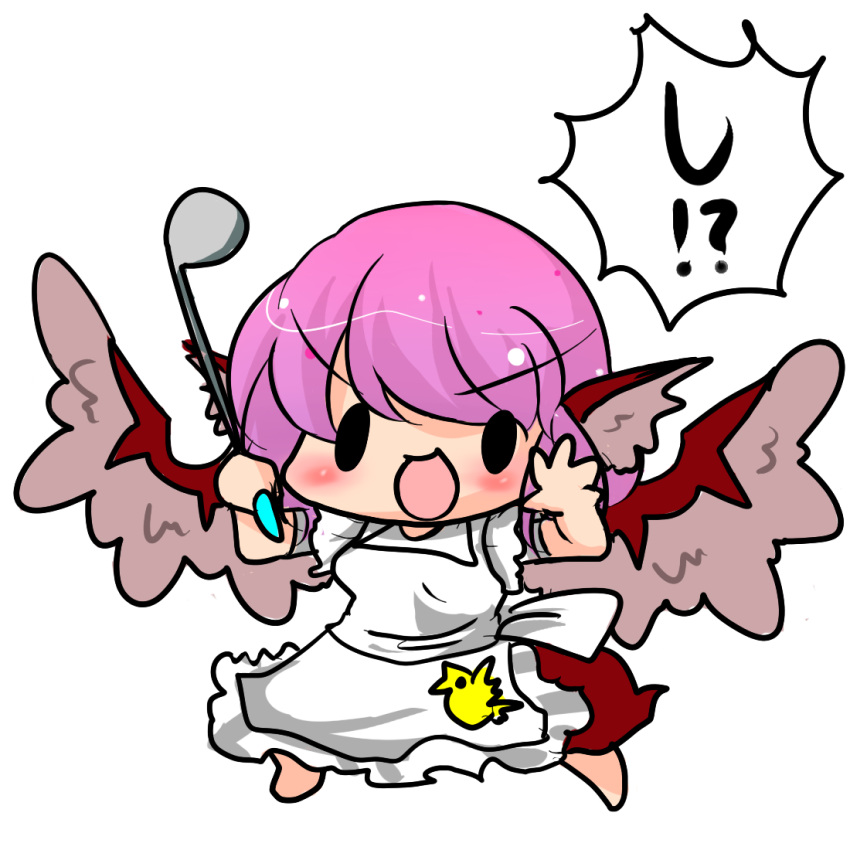 animal_ears apron buuwa chibi commentary_request female holding ladle mystia_lorelei open_mouth pink_hair shinkon_santaku short_hair simple_background solo touhou translated wings