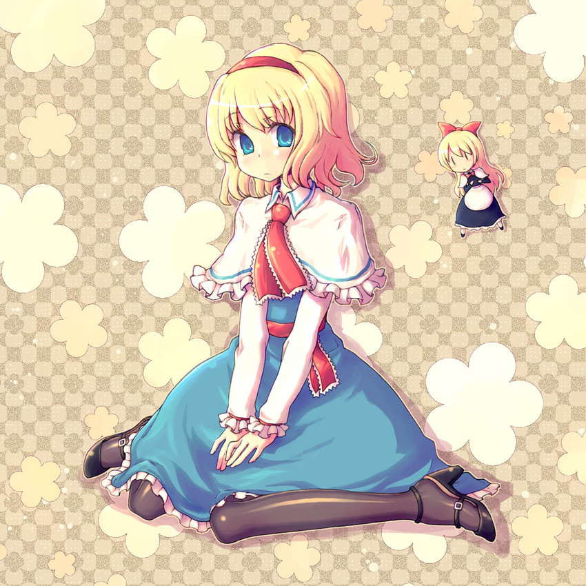 alice_margatroid blonde_hair blue_eyes capelet commentary_request doll female hairband high_heels kimarin long_hair looking_at_viewer pantyhose shanghai_doll shoes short_hair shy sitting solo touhou wariza white_capelet |_|