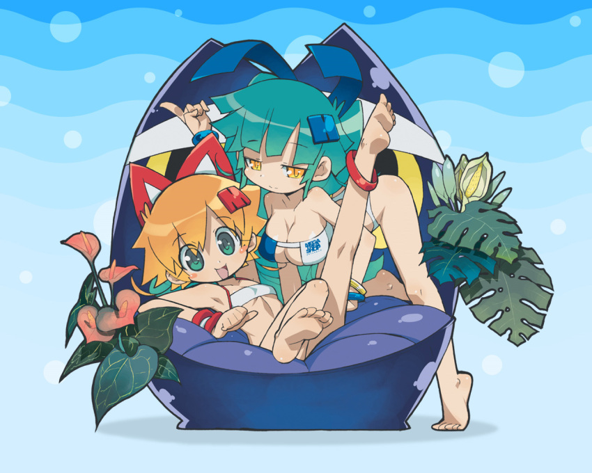 2girls akatsuki_gomoku animal_ears barefoot bikini blonde_hair bracelet breasts feet flat_chest green_eyes green_hair hair_ornament hairpin house-san jewelry long_hair mascot medium_breasts mega-chan megahouse megatrea_shop multiple_girls official_art photoshop_(medium) short_hair swimsuit twintails