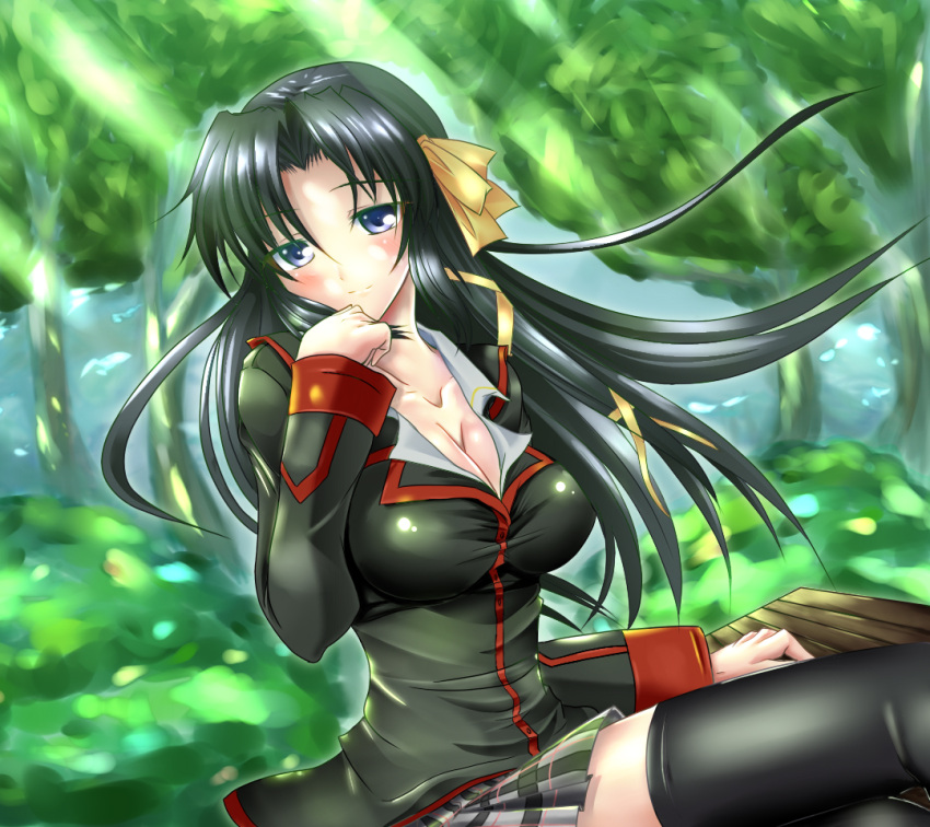 ao_(time-leap) bad_id bad_pixiv_id black_hair blush breasts cleavage female hair_ribbon kurugaya_yuiko large_breasts little_busters! little_busters!_school_uniform long_hair photoshop_(medium) plaid plaid_skirt purple_eyes ribbon school_uniform skirt solo thighhighs tree