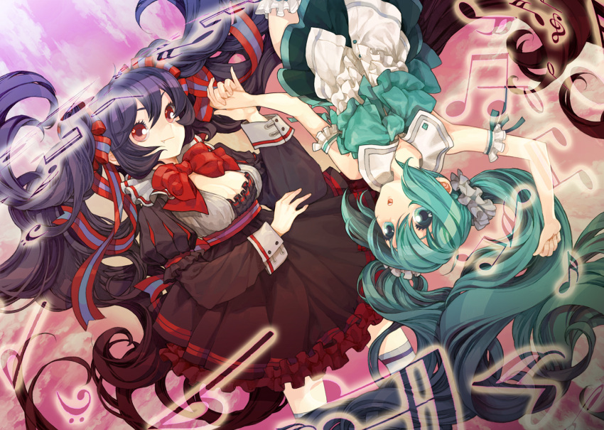 2girls aqua_eyes aqua_hair bad_id bad_pixiv_id bow breasts cleavage hair_ribbon hatsune_miku holding_hands long_hair medium_breasts multiple_girls musical_note oerba_yun_fang photoshop_(medium) purple_hair red_eyes ribbon rotational_symmetry serenade_(sinohi) twintails very_long_hair vocaloid zatsune_miku