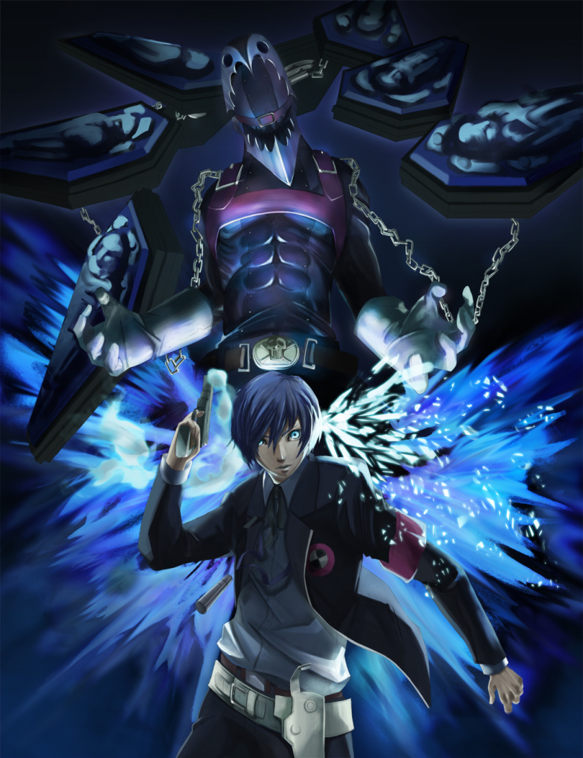 1boy armband blue_eyes blue_hair chains commentary_request crossdraw_holster evoker gekkoukan_high_school_uniform gun highres holster male_focus orange_cassis persona persona_3 photoshop_(medium) school_uniform thanatos_(persona) weapon yuuki_makoto_(persona_3)