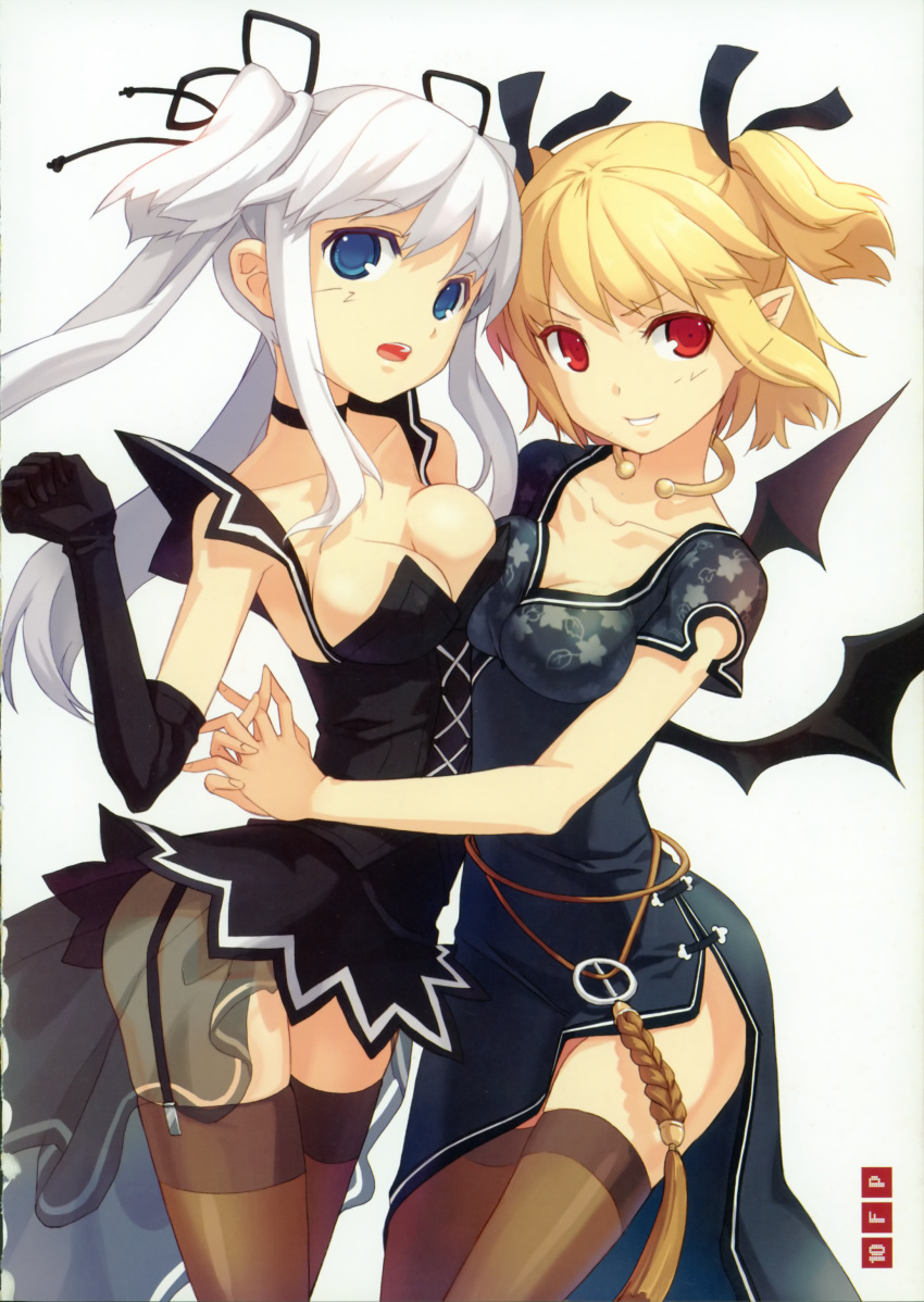 2girls absurdres bat_wings blonde_hair blue_eyes breast_clinging breast_press breasts china_dress chinese_clothes choker cleavage collarbone cosplay costume_switch demon_girl dress elbow_gloves elf garter_straps gloves h2so4 hair_ribbon highres hug long_hair mabinogi medium_breasts multiple_girls nao_(mabinogi) open_mouth pointy_ears red_eyes ribbon side_slit succubus_(mabinogi) symmetrical_docking thighhighs twintails white_hair wings