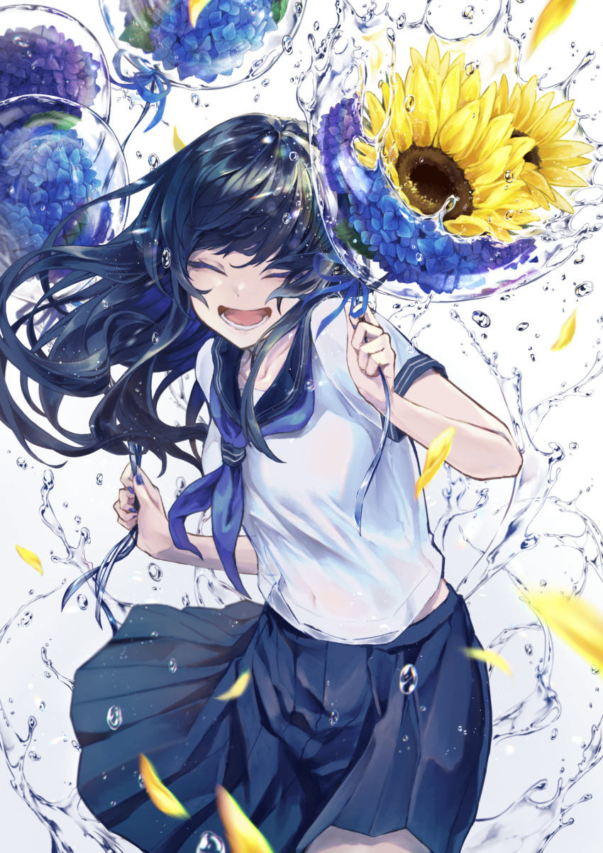 :d absurdres baracan blue_nails blue_neckerchief blue_skirt closed_eyes closed_mouth collarbone female flower flower_on_liquid highres holding hydrangea long_hair lower_teeth_only midriff_peek nail_polish navel neckerchief open_mouth original petals pleated_skirt rain sailor_collar school_uniform see-through_clothes serafuku short_sleeves signature skirt smile solo splashing summer sunflower teeth wet wet_clothes