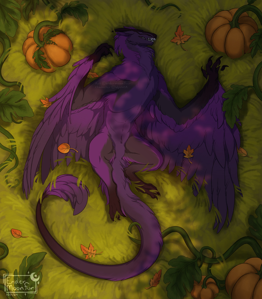 ambiguous_gender autumn black_body black_claws black_fur claws dragon endermoonfur european_mythology feral food fruit fur furred_dragon furred_scalie grass hi_res leaf mythological_creature mythological_scalie mythology plant pumpkin purple_body purple_fur scalie signature solo teeth western_dragon wyvern wyvusk