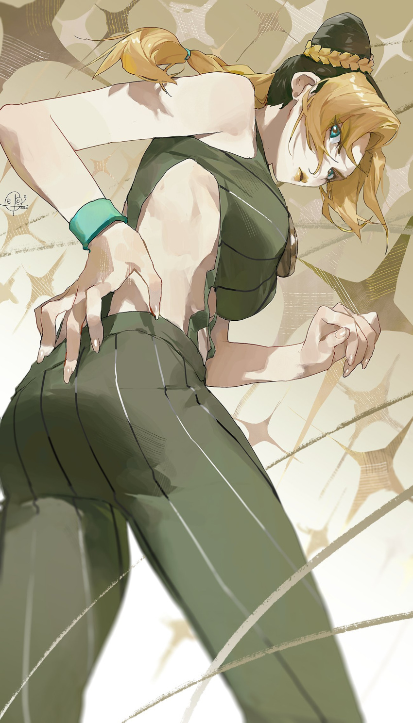 ass black_hair blonde_hair blue_eyes blurry braid braided_ponytail breasts commentary_request double_bun female from_below from_side green_pants hair_bun highres jojo_no_kimyou_na_bouken korean_commentary kujo_jolyne large_breasts multicolored_hair pants sepo_(mito609) signature solo stone_ocean string two-tone_hair wristband