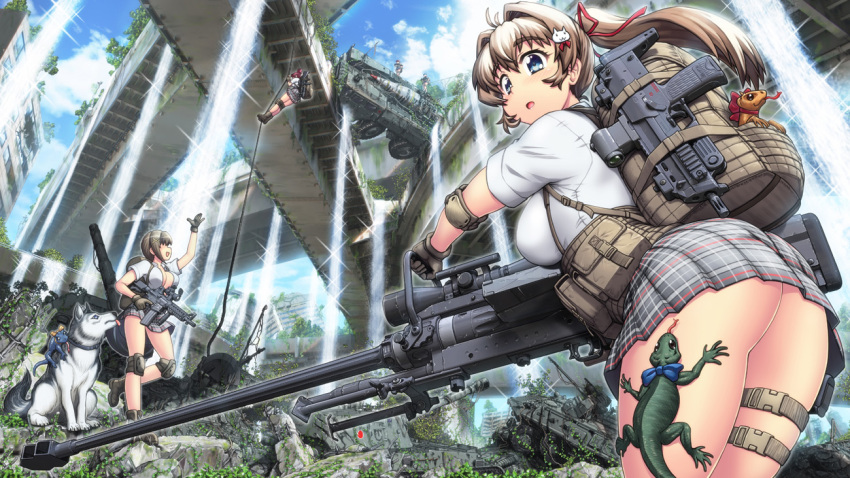 4girls armored_personnel_carrier armored_vehicle ass assault_rifle bent_over black_gloves blue_bow blue_eyes bow breasts brown_gloves brown_hair building canine cat_hair_ornament commentary_request elbow_pads gloves gun hair_intakes hair_ornament hase_yu holding holding_gun holding_weapon large_breasts lizard long_hair microphone multiple_girls original plaid_clothes plaid_skirt pleated_skirt ponytail post-apocalypse pouch rappelling rifle rope ruins shirt skirt skyscraper submachine_gun tongue tongue_out waving weapon white_shirt