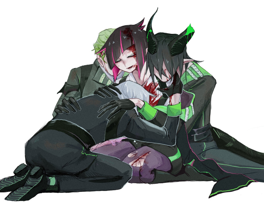 4boys black_coat black_hair bleeding bleeding_from_forehead blood blood_on_clothes blood_on_face broken_horn closed_eyes coat dragon_boy dragon_horns english_commentary full_body green_hair grey_hair group_hug highres horns hug injury lilia_vanrouge long_hair male_focus malleus_draconia multiple_boys pointy_ears reeeeehannnnnn sebek_zigvolt short_hair silver_(twisted_wonderland) simple_background sitting twisted_wonderland white_background