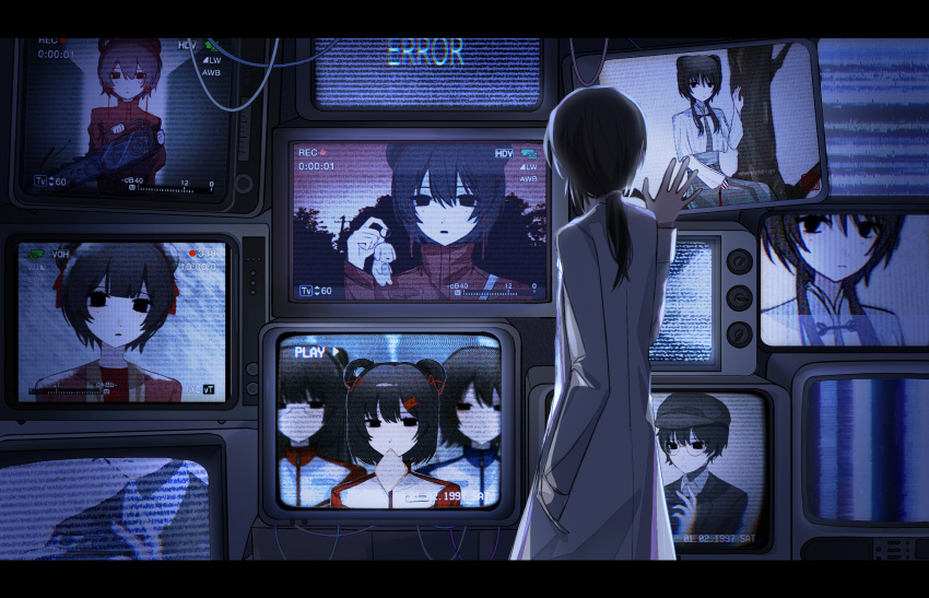 2boys 4girls bai_yuan black_hair blood bread capelet chainsaw chinese_commentary closed_mouth commentary_request crt double_bun dress food food_in_mouth glasses grey_dress hair_bun highres holding holding_chainsaw lab_coat letterboxed li_yuting_(female) long_hair long_sleeves low_ponytail lu_ronghua mo_chengwei mole mole_under_each_eye mole_under_eye multiple_boys multiple_girls multiple_moles naihe_(female)_(touqi_guaitan) parted_lips scanlines short_hair short_hair_with_long_locks single_hair_bun single_hair_ring taluo_mianbao touqi_guaitan unknown_friend_(touqi_guaitan) white_capelet