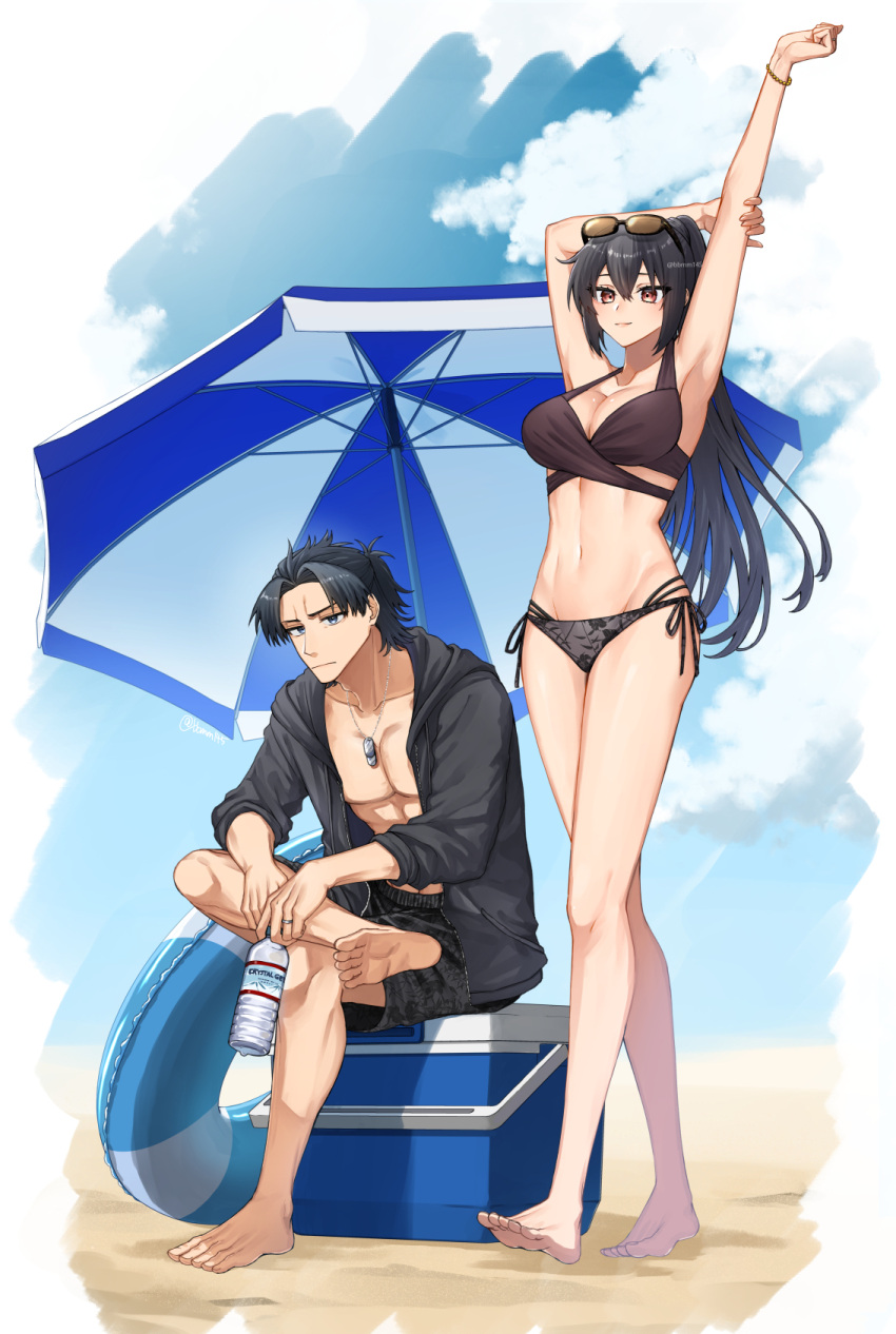 1boy abs admiral_(kancolle) arms_up barefoot beach beach_umbrella bikini black_bikini black_hair black_shirt bottle breasts cleavage closed_mouth cloud commentary_request day dog_tags eyewear_on_head female highres innertube kantai_collection large_breasts long_hair long_legs machi_(ritovoyage) male_swimwear nagato_(kancolle) open_clothes open_mouth open_shirt outdoors red_eyes shirt side-tie_bikini_bottom sitting sky standing sunglasses swim_ring swimsuit toned toned_male twitter_username umbrella water_bottle