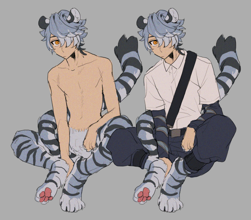 1boy animal_ears animal_feet commentary_request full_body grey_background grey_hair hair_over_one_eye looking_at_viewer male_focus mame_moyashi monster_boy orange_eyes original shirt short_hair simple_background sitting tail tiger_boy tiger_ears tiger_tail