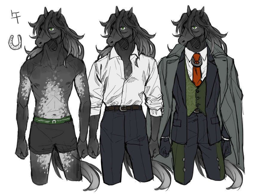 1boy black_hair black_suit coat coat_on_shoulders commentary_request cowboy_shot furry furry_male green_eyes hand_in_pocket highres horse_boy long_hair male_focus mame_moyashi multiple_views original shirt simple_background suit tail vest white_background white_shirt