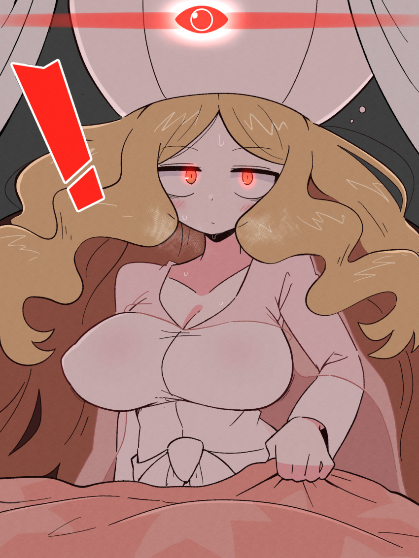 ! alpha_pokemon alternate_breast_size blanket blonde_hair breasts caitlin_(pokemon) cape cleavage closed_mouth collarbone dress female glowing glowing_eyes hat highres kurachi_mizuki large_breasts long_hair long_sleeves looking_at_viewer parted_bangs pink_cape pink_hat pokemon pokemon_bw red_eyes see-through_cape solo sweat very_long_hair