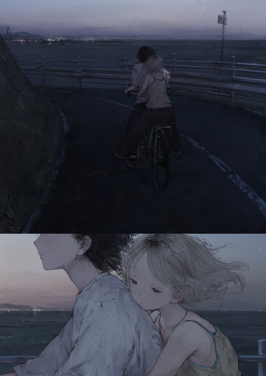 1boy bicycle black_eyes black_hair black_pants camisole closed_mouth facing_away female floating_hair from_behind from_side grey_camisole grey_hair guard_rail half-closed_eyes head_out_of_frame highres horizon hug hug_from_behind jewelry long_hair looking_down moruhi multiple_views necklace ocean original pants parted_bangs riding riding_bicycle road road_sign shirt short_hair sign white_shirt