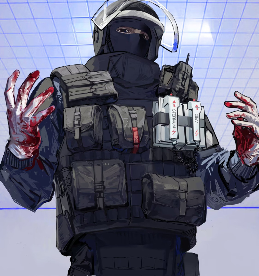 1boy ammunition_pouch assault_visor black_vest blood blood_on_hands blue_shirt brown_eyes chinese_commentary collared_vest commentary_request doc_(rainbow_six_siege) gloves grid helmet highres long_sleeves looking_at_viewer male_focus mask pants pouch rainbow_six_siege shangxin_cuiruo_de_gou shirt solo thigh_pouch upper_body vest walkie-talkie white_gloves